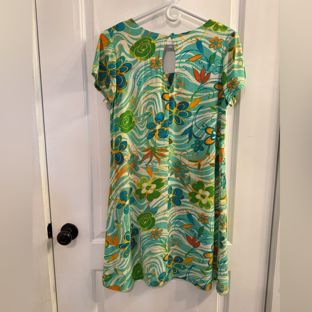 Vintage Hula Moon by Jams World Peace Flower Aqua Floral Hawaiian Dress Small - Picture 2 of 5